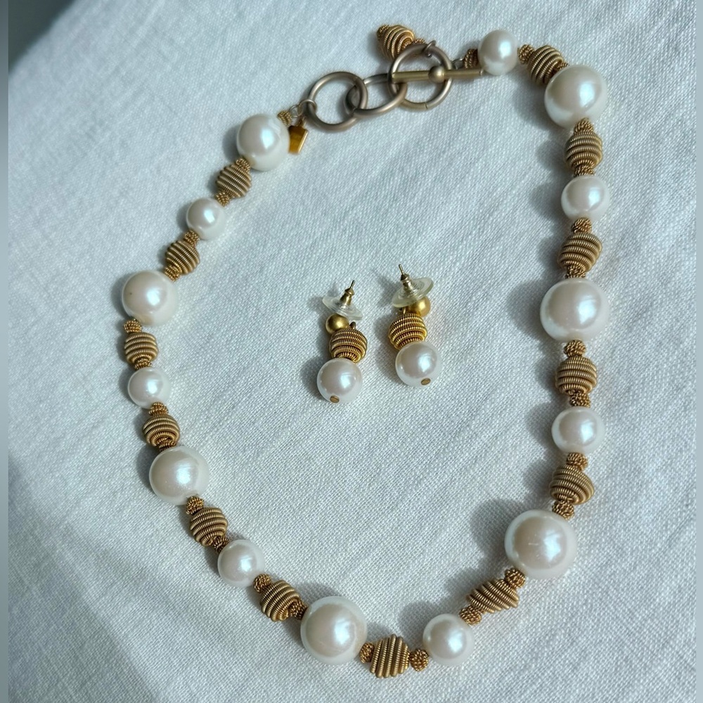 Vintage Anne Klein Faux Pearl and Gold Tone Ball Necklace and Earrings set
